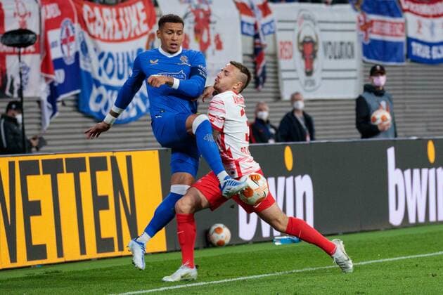 Leipzig, Germany 28 April 2022 Europa League 2021 2022 RB Leipzig vs Glasgow Rangers in duel James Tavernier Rangers FC and Jose Angelino RB Leipzig Red Bull Stadion Sachsen Copyright: xFotostandx xMatybax