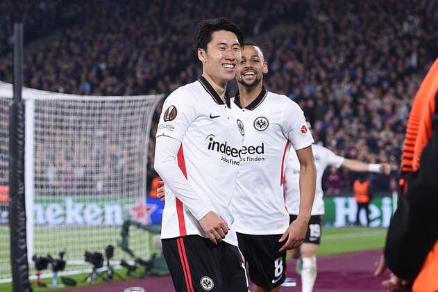Soccer Europa League semifinal West Ham United Eintracht Frankfurt on 28 04 2022 at the Olympic Stadium London in London goal cheer goal to 1 2 by Daichi Kamada Frankfurt xHDx
