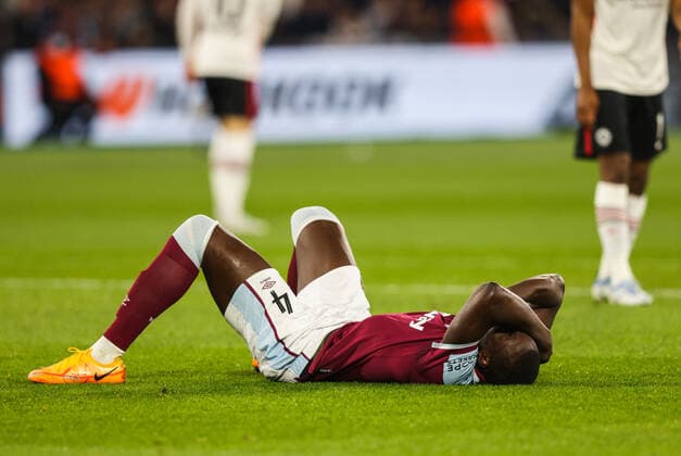 Mandatory Credit: Photo by Andrew Fosker Shutterstock (12914204br) Kurt Zouma of West Ham United gets injured West Ham United v Eintracht Frankfurt, UEFA Europa League, Semi-Final, First Leg, Football, The London Stadium, London, UK - 28 Apr 2022 EDITORIAL USE ONLY No use with unauthorised audio, video, data, fixture lists, club league logos or live services. Online in-match use limited to 120 images, no video emulation. No use in betting, games or single club league player publications. West Ham United v Eintracht Frankfurt, UEFA Europa League, Semi-Final, First Leg, Football, The London Stadium, London, UK - 28 Apr 2022 EDITORIAL USE ONLY No use with unauthorised audio, video, data, fixture lists, club league logos or live services. Online in-match use limited to 120 images, no video emulation. No use in betting, games or single club league player publications.  Copyright: xAndrewxFosker Shutterstockx 12914204br