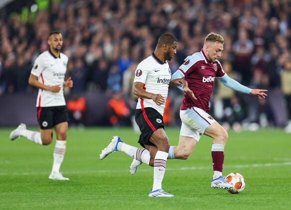 Mandatory Credit: Photo by Simon Dael Shutterstock (12914205cz) Almamy Toure of Eintracht Frankfurt and Jarrod Bowen of West Ham United West Ham United v Eintracht Frankfurt, UEFA Europa League, Semi-Final, First Leg, Football, The London Stadium, London, UK - 28 Apr 2022 EDITORIAL USE ONLY No use with unauthorised audio, video, data, fixture lists, club league logos or live services. Online in-match use limited to 120 images, no video emulation. No use in betting, games or single club league player publications. West Ham United v Eintracht Frankfurt, UEFA Europa League, Semi-Final, First Leg, Football, The London Stadium, London, UK - 28 Apr 2022 EDITORIAL USE ONLY No use with unauthorised audio, video, data, fixture lists, club league logos or live services. Online in-match use limited to 120 images, no video emulation. No use in betting, games or single club league player publications.  Copyright: xSimonxDael Shutterstockx 12914205cz