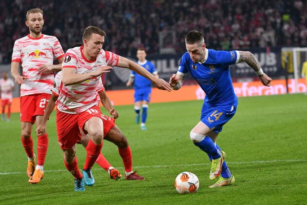 Ryan Kent Glasgow Rangers r , Lukas Klostermann RB Leipzig center and Konrad Laimer RB Leipzig l , RB Leipzig vs Glasgow Rangers, Football, Europa League, 28 04 2022 DFB DFL REGULATIONS PROHIBIT ANY USE OF PHOTOGRAPHS AS IMAGE SEQUENCES AND OR QUASI VIDEO RB Leipzig vs Glasgow Rangers, Football, Europa League, 28 04 2022 Leipzig Copyright: xBertxHarzer xEibner-Pressefotox