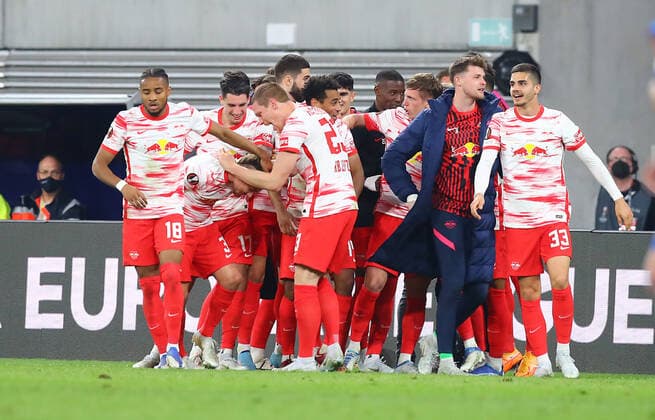RB Leipzig Glasgow Rangers 28 04 2022 Leipzig, 28 04 2022, Red Bull Arena, Football, UEFA Europa League, Semi Final , RB Leipzig vs Glasgow Rangers FC , In picture Leipzig goal celebration after 1 0 by goal scorer Angeli-o Angelino 3, RB Leipzig , UEFA regulations prohibit any use of photographs as image sequences and or quasi video , Picture Point