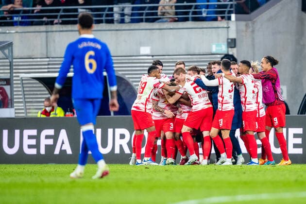 FB EL RB Leipzig Rangers FC Cheers at RB Leipzig after 1 0 by Angelino Jose Angel Esmoris Tasende RB Leipzig during the semifinal match 1 season 2021 2022 in the Europa League men between RB Leipzig and Rangers FC at Red Bull Arena on April 28, 2022 in Leipzig, Saxony, Germany