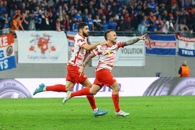 Sport Themen der Woche KW17 28.04.2022, xtgx, Fussball UEFA European League, RB Leipzig - Glasgow Rangers FC emspor, v.l. Josko Gvardiol (Leipzig, 32). Angelino (Leipzig, 3) Jubel, Torjubel, jubelt ueber das Tor, celebrate the goal, celebration (DFL DFB REGULATIONS PROHIBIT ANY USE OF PHOTOGRAPHS as IMAGE SEQUENCES and or QUASI-VIDEO) Leipzig *** 28 04 2022, xtgx, football UEFA European League, RB Leipzig Glasgow Rangers FC emspor, v l Josko Gvardiol Leipzig, 32 Angelino Leipzig, 3 cheers, goal celebration, celebrates the goal, celebration DFL DFB REGULATIONS PROHIBIT ANY USE OF PHOTOGRAPHS AS IMAGE SEQUENCES AND OR QUASI VIDEO Leipzig