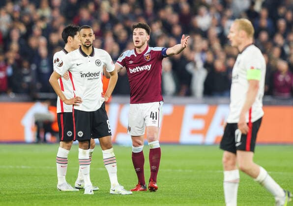 Mandatory Credit: Photo by Andrew Fosker Shutterstock (12914204cd) Declan Rice of West Ham United appeals after being pushed West Ham United v Eintracht Frankfurt, UEFA Europa League, Semi-Final, First Leg, Football, The London Stadium, London, UK - 28 Apr 2022 EDITORIAL USE ONLY No use with unauthorised audio, video, data, fixture lists, club league logos or live services. Online in-match use limited to 120 images, no video emulation. No use in betting, games or single club league player publications. West Ham United v Eintracht Frankfurt, UEFA Europa League, Semi-Final, First Leg, Football, The London Stadium, London, UK - 28 Apr 2022 EDITORIAL USE ONLY No use with unauthorised audio, video, data, fixture lists, club league logos or live services. Online in-match use limited to 120 images, no video emulation. No use in betting, games or single club league player publications.  Copyright: xAndrewxFosker Shutterstockx 12914204cd