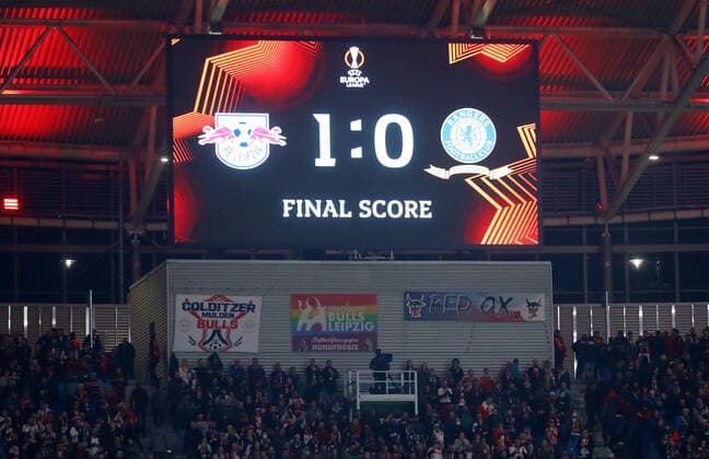 RB Leipzig Glasgow Rangers 28 04 2022 Leipzig, 28 04 2022, Red Bull Arena, Football, UEFA Europa League, Semi Final , RB Leipzig vs Glasgow Rangers FC 1 0 0 0 , In picture stadium scoreboard, final result , UEFA regulations prohibit any use of photographs as image sequences and or quasi video , Picture Point
