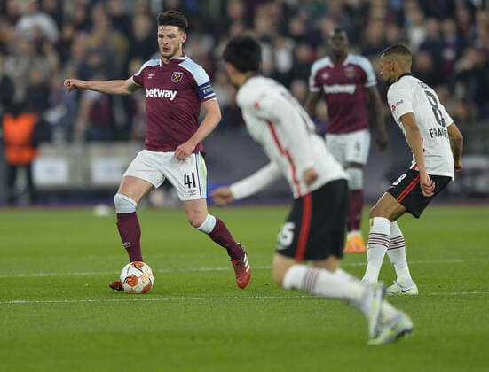 Mandatory Credit: Photo by James Griffiths West Ham United Shutterstock (12914199bg) Declan Rice of West Ham United in action West Ham United v Eintracht Frankfurt, UEFA Europa League, Semi-Final, First Leg, Football, The London Stadium, London, UK - 28 Apr 2022 EDITORIAL USE ONLY No use with unauthorised audio, video, data, fixture lists, club league logos or live services. Online in-match use limited to 120 images, no video emulation. No use in betting, games or single club league player publications. West Ham United v Eintracht Frankfurt, UEFA Europa League, Semi-Final, First Leg, Football, The London Stadium, London, UK - 28 Apr 2022 EDITORIAL USE ONLY No use with unauthorised audio, video, data, fixture lists, club league logos or live services. Online in-match use limited to 120 images, no video emulation. No use in betting, games or single club league player publications.  Copyright: xJamesxGriffiths WestxHamxUnited Shutterstockx 12914199bg