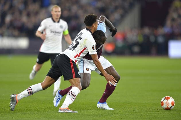 Mandatory Credit: Photo by James Griffiths West Ham United Shutterstock (12914199bb) Michail Antonio of West Ham United in action with Tuta of Eintracht Frankfurt West Ham United v Eintracht Frankfurt, UEFA Europa League, Semi-Final, First Leg, Football, The London Stadium, London, UK - 28 Apr 2022 EDITORIAL USE ONLY No use with unauthorised audio, video, data, fixture lists, club league logos or live services. Online in-match use limited to 120 images, no video emulation. No use in betting, games or single club league player publications. West Ham United v Eintracht Frankfurt, UEFA Europa League, Semi-Final, First Leg, Football, The London Stadium, London, UK - 28 Apr 2022 EDITORIAL USE ONLY No use with unauthorised audio, video, data, fixture lists, club league logos or live services. Online in-match use limited to 120 images, no video emulation. No use in betting, games or single club league player publications.  Copyright: xJamesxGriffiths WestxHamxUnited Shutterstockx 12914199bb