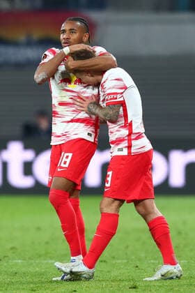 28 04 2022, xtgx, football UEFA European League, RB Leipzig Glasgow Rangers FC emspor, v l Christopher Nkunku Leipzig, 18 , Angelino Leipzig, 3 cheers, goal celebration, celebrates the goal, celebration DFL DFB REGULATIONS PROHIBIT ANY USE OF PHOTOGRAPHS AS IMAGE SEQUENCES AND OR QUASI VIDEO Leipzig