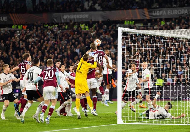 Mandatory Credit: Photo by Simon Dael Shutterstock (12914205dl) Tomas Soucek of West Ham United gets a late header on goal as Goalkeeper Kevin Trapp of Eintracht Frankfurt challenges West Ham United v Eintracht Frankfurt, UEFA Europa League, Semi-Final, First Leg, Football, The London Stadium, London, UK - 28 Apr 2022 EDITORIAL USE ONLY No use with unauthorised audio, video, data, fixture lists, club league logos or live services. Online in-match use limited to 120 images, no video emulation. No use in betting, games or single club league player publications. West Ham United v Eintracht Frankfurt, UEFA Europa League, Semi-Final, First Leg, Football, The London Stadium, London, UK - 28 Apr 2022 EDITORIAL USE ONLY No use with unauthorised audio, video, data, fixture lists, club league logos or live services. Online in-match use limited to 120 images, no video emulation. No use in betting, games or single club league player publications.  Copyright: xSimonxDael Shutterstockx 12914205dl