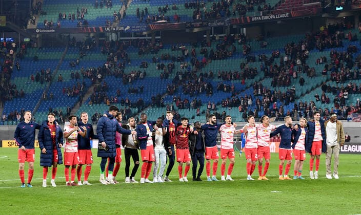 Football, men, 2021 2022 season, Europa League semifinals, first leg , RB Leipzig Glasgow Rangers, Leipzig jubilation after the final whistle, 28 04 2022, Copyright: xSebastianxRäppold MatthiasxKochx
