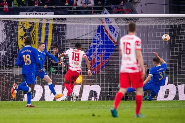 Mandatory Credit: Photo by Kirk O Rourke Rangers FC Shutterstock (12914397cv) RB Leipzig Midfielder Christopher Nkunku has a chance on goal RB Leipzig v Rangers, UEFA Europa League, Semi-final, 1st Leg, Football, Red Bull Arena,Leipzig, Germany - 28 Apr 2022 RB Leipzig v Rangers, UEFA Europa League, Semi-final, 1st Leg, Football, Red Bull Arena,Leipzig, Germany - 28 Apr 2022  Copyright: xKirkxO Rourke RangersxFC Shutterstockx 12914397cv