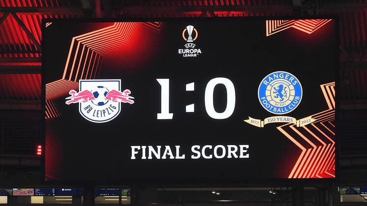 Soccer UEFA Europa League, semi-final, first leg season 2021 2022, RB Leipzig vs Glasgow Rangers 28 04 2022 1 0 0 0 LED wall scoreboard with final score 1 0 at the match RB Leipzig vs Glasgow Rangers 28 04 2022 Leipzig Saxony Germany Red Bull Arena