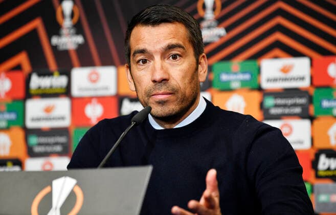 Soccer UEFA Europa League, semi-final, first leg season 2021 2022, RB Leipzig vs Glasgow Rangers 28 04 2022 1 0 0 Giovanni van Bronckhorst coach Glasgow Rangers at the press conference after the match RB Leipzig vs Glasgow Rangers 28 04 2022 Leipzig Saxony Germany Red Bull Arena