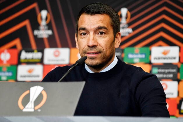 Soccer UEFA Europa League, semi-final, first leg season 2021 2022, RB Leipzig vs Glasgow Rangers 28 04 2022 1 0 0 Giovanni van Bronckhorst coach Glasgow Rangers at the press conference after the match RB Leipzig vs Glasgow Rangers 28 04 2022 Leipzig Saxony Germany Red Bull Arena