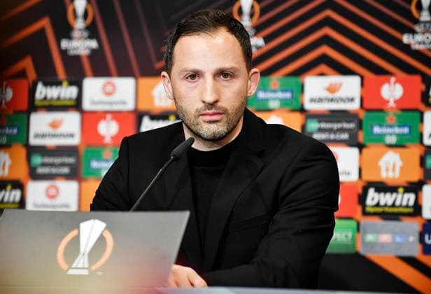 Soccer UEFA Europa League, semifinal, first leg season 2021 2022, RB Leipzig vs Glasgow Rangers 28 04 2022 1 0 0 0 Domenico Tedesco coach RB Leipzig at the press conference after the match RB Leipzig vs Glasgow Rangers 28 04 2022 Leipzig Saxony Germany Red Bull Arena