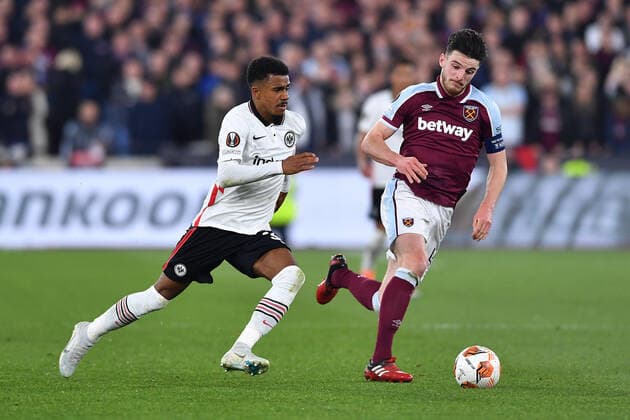 Soccer Europa League semifinal West Ham United Eintracht Frankfurt on 28 04 2022 at the Olympic Stadium London in London Ansgar Knauff Frankfurt , left Declan Rice West Ham , right xHDx