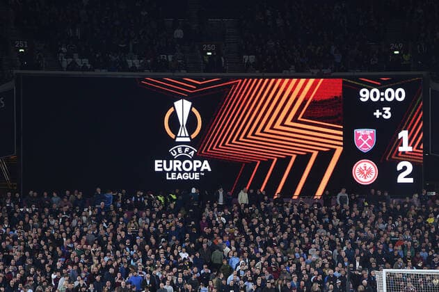 Soccer Europa League semifinal West Ham United Eintracht Frankfurt on 28 04 2022 at Olympic Stadium London in London final scoreboard video wall 1 2 xHDx
