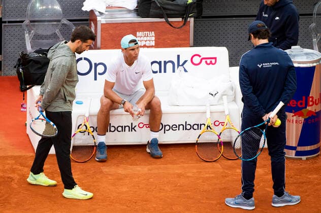 Rafael Nadal with coach Carlos Moya during training for the Mutua Madrid Open 2022 tennis tournament at the Caja Magica Madrid sports complex, 28 04 2022  Foto:xDyDxFotografosx xFuturexImage
