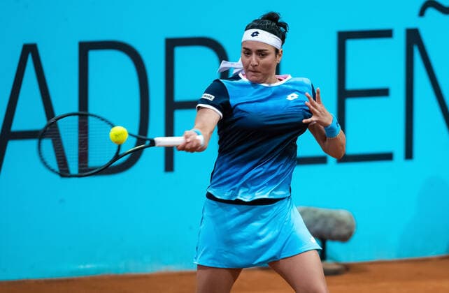 April 28, 2022, MADRID, MADRID, SPAIN: Ons Jabeur of Tunisia in action during the first round of the 2022 Mutua Madrid Open WTA, Tennis Damen 1000 tennis tournament against Jasmine Paolini of Italy MADRID SPAIN - ZUMAa181 20220428_zaa_a181_154 Copyright: xRobxPrangex