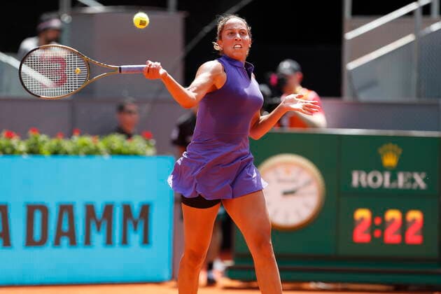 Madison Keys (USA), APRIL 29, 2022 - Tennis : Madison Keys of USA during singles 1st round match against Maria Sakkari of Greece on the WTA, Tennis Damen 1000 tournaments Mutua Madrid Open tennis tournament at the Caja Magica in Madrid, Spain. Noxthirdxpartyxsales  (0157479155st)
