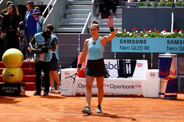 Maria Sakkari (GRE), APRIL 29, 2022 - Tennis : Maria Sakkari of Greece celebrate after winning singles 1st round match against Madison Keys of USA on the WTA, Tennis Damen 1000 tournaments Mutua Madrid Open tennis tournament at the Caja Magica in Madrid, Spain. Noxthirdxpartyxsales  (0157479179st)