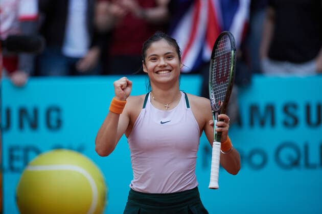 (220430) -- MADRID, April 30, 2022 -- Emma Raducanu of Great Britain celebrates after the women s singles 1st round match against Tereza Martincova of the Czech Republic at Madrid Open in Madrid, Spain, April 29, 2022. ) (SP)SPAIN-MADRID-TENNIS-MUTUA MADRID OPEN MengxDingbo 