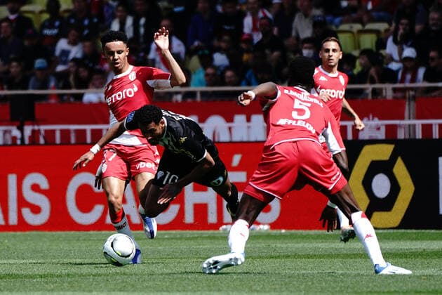 Angelo Fulgini (Sco Angers) - Sofiane Diop (AS Monaco) - Benoit Badiashile (AS Monaco) FOOTBALL : AS Monaco vs Angers - Ligue 1 Uber Eats - Monaco - 01 05 2022 NorbertScanella Panoramic 
