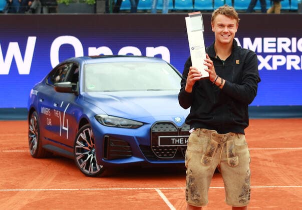 Holger Rune DEN , award ceremony, winner, leather pants, cheering, car, trophae Holger Rune DEN and Botic van de Zandschulp NED ATP Singles Final, final, single, Tennis BMW Open by American Express 2022 01 05 2022 PHOTO Mladen Lackovic LakoPress