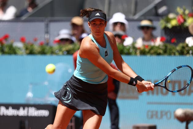 May 1, 2022, MADRID, MADRID, SPAIN: Garbine Muguruza of Spain in action against Anhelina Kalinina of Ukraine during the Mutua Madrid Open 2022 celebrated at La Caja Magica on May 01, 2022, in Madrid, Spain. MADRID SPAIN - ZUMAa181 20220501_zaa_a181_063 Copyright: xOscarxJ.xBarrosox