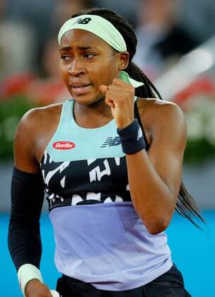 Mandatory Credit: Photo by Ella Ling Shutterstock (12915014bg) Coco Gauff of USA celebrates Mutua Madrid Open, Tennis, La Caja Magica, Madrid, Spain - 02 May 2022 Mutua Madrid Open, Tennis, La Caja Magica, Madrid, Spain - 02 May 2022  Copyright: xEllaxLing Shutterstockx 12915014bg