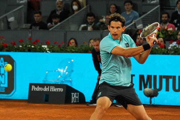 May 2, 2022, MADRID, MADRID, SPAIN: Dominic Thiem from Austria in action against Andy Murray from Great Britain during the Mutua Madrid Open 2022 celebrated at La Caja Magica on May 02, 2022, in Madrid, Spain. MADRID SPAIN - ZUMAa181 20220502_zaa_a181_245 Copyright: xIrinaxR.xHipolitox