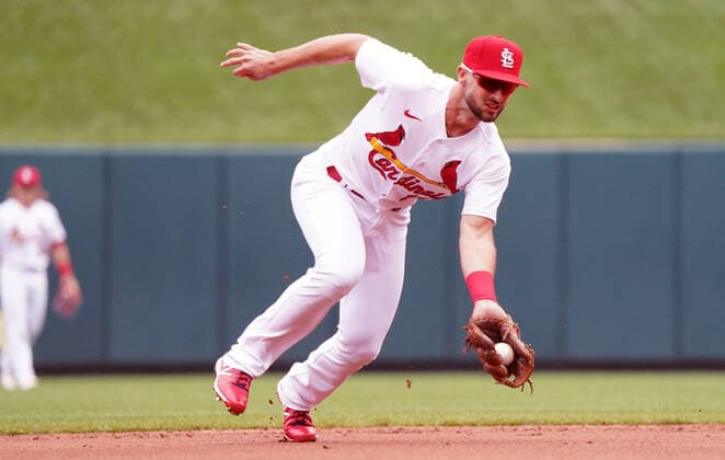 St. Louis Cardinals shortstop Paul DeJong fields a baseball off the bat of Kansas City Royals Bobby Witt, Jr. in the second inning at Busch Stadium in St. Louis on Monday, May 2, 2022. St. Louis defeated Kansas City, 1-0.  SLP2022050209 BILLxGREENBLATT
