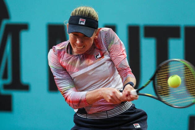 May 3, 2022, MADRID, MADRID, SPAIN: Ekaterina Alexandrova from Russia in action against Marie Bouzkova from Czech Republic during the Mutua Madrid Open 2022 celebrated at La Caja Magica on May 02, 2022, in Madrid, Spain. MADRID SPAIN - ZUMAa181 20220503_zaa_a181_055 Copyright: xIrinaxR.xHipolitox