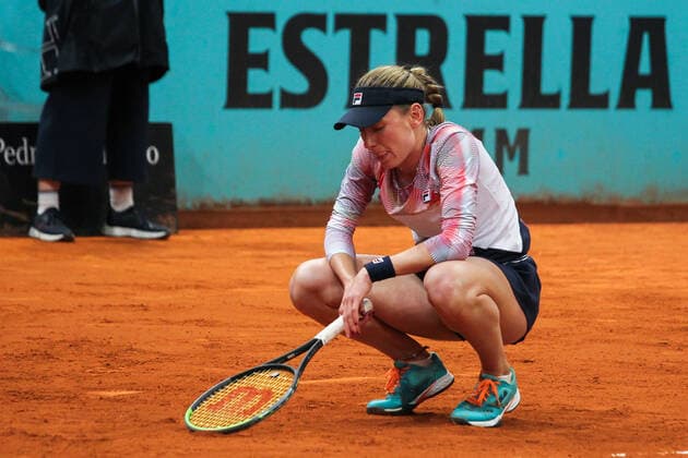 May 3, 2022, MADRID, MADRID, SPAIN: Ekaterina Alexandrova from Russia in action against Marie Bouzkova from Czech Republic during the Mutua Madrid Open 2022 celebrated at La Caja Magica on May 02, 2022, in Madrid, Spain. MADRID SPAIN - ZUMAa181 20220503_zaa_a181_068 Copyright: xIrinaxR.xHipolitox