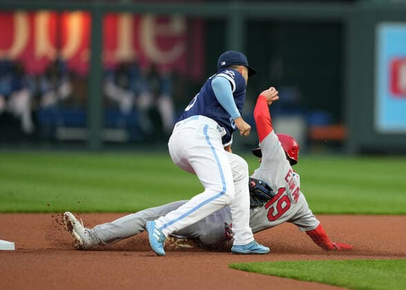 May 03, 2022: Kansas City Royals second baseman Whit Merrifield (15) tags out St. Louis Cardinals second baseman Tommy Edman (19) at Kauffman Stadium Kansas City, Missouri. The Kansas City Royals defeated the St. Louis Cardinals 7-1. CSM. Kansas City United States - ZUMAc04_ 20220503_zaf_c04_056 Copyright: xJonxRobichaudx