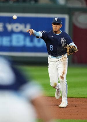 May 03, 2022: Kansas City Royals short stop Nicky Lopez (8) fires the ball across the diamond at Kauffman Stadium Kansas City, Missouri. The Kansas City Royals defeated the St. Louis Cardinals 7-1. CSM. Kansas City United States - ZUMAc04_ 20220503_zaf_c04_061 Copyright: xJonxRobichaudx
