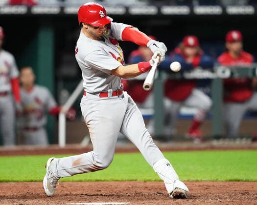 May 03, 2022: St. Louis Cardinals catcher Andrew Knizner (7) drives a ball to deep right field in the 9th inning at Kauffman Stadium Kansas City, Missouri. The Kansas City Royals defeated the St. Louis Cardinals 7-1. CSM. Kansas City United States - ZUMAc04_ 20220503_zaf_c04_068 Copyright: xJonxRobichaudx