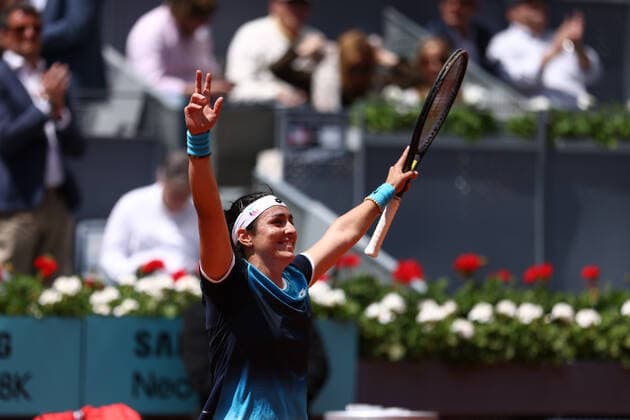 May 4, 2022, MADRID, MADRID, SPAIN: Ons Jabeur of Tunisia reacts after winning against Simona Halep of Romania during the Mutua Madrid Open 2022 celebrated at La Caja Magica on May 04, 2022, in Madrid, Spain. MADRID SPAIN - ZUMAa181 20220504_zaa_a181_113 Copyright: xOscarxJ.xBarrosox
