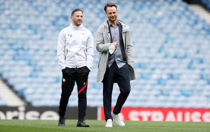RB Leipzig Training 04 05 2022 Glasgow, 04 05 2022, Ibrox Stadium, Football, UEFA Europa League, Matchday 1, Training RB Leipzig before the semifinal , RB Leipzig vs Rangers FC Glasgow , In picture coach Domenico Tedesco, RB Leipzig, Christopher Vivell RBL Technical Director , UEFA regulations prohibit any use of photographs as image sequences and or quasi video