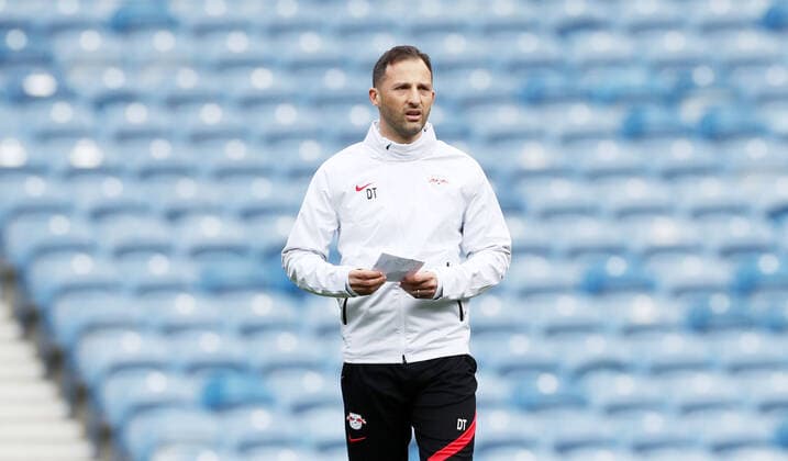 RB Leipzig Training 04 05 2022 Glasgow, 04 05 2022, Ibrox Stadium, Football, UEFA Europa League, Matchday 1, Training RB Leipzig before the semifinal , RB Leipzig vs Rangers FC Glasgow , In picture coach Domenico Tedesco, RB Leipzig , UEFA regulations prohibit any use of photographs as image sequences and or quasi video
