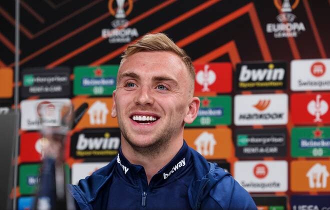 Mandatory Credit: Photo by Simon Dael Shutterstock (12923419b) Jarrod Bowen of West Ham United during a press conference, PK, Pressekonferenz West Ham Press Conference, UEFA Europa League, Football, Deutsche Bank Park Stadium, Frankfurt, Germany 04 May 2022 West Ham Press Conference, UEFA Europa League, Football, Deutsche Bank Park Stadium, Frankfurt, Germany 04 May 2022  Copyright: xSimonxDael Shutterstockx 12923419b