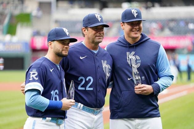 May 04, 2022: Kansas City Royals starting pitcher Brad Keller (56) and Kansas City Royals left fielder Andrew Benintendi (16) receive their players of the month award from Kansas City Royals manager Mike Matheny (22) at Kauffman Stadium Kansas City, Missouri. The St Louis Cardinals beat the Kansas City Royals 10-0. CSM. Kansas City United States - ZUMAc04_ 20220504_zaf_c04_001 Copyright: xJonxRobichaudx