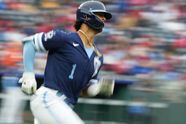 May 04, 2022: Kansas City Royals MJ Melendez (1) races to first base at Kauffman Stadium Kansas City, Missouri. The St Louis Cardinals beat the Kansas City Royals 10-0. CSM. Kansas City United States - ZUMAc04_ 20220504_zaf_c04_003 Copyright: xJonxRobichaudx