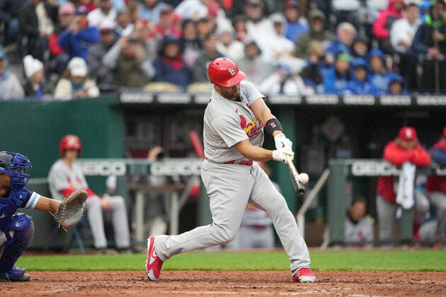 May 04, 2022: St. Louis Cardinals DH Albert Pujols (5) drives a pitch to deep center field at Kauffman Stadium Kansas City, Missouri. The St Louis Cardinals beat the Kansas City Royals 10-0. CSM. Kansas City United States - ZUMAc04_ 20220504_zaf_c04_010 Copyright: xJonxRobichaudx