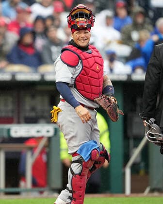 May 04, 2022: St. Louis Cardinals catcher Yadier Molina (4) flashes a smile at Kauffman Stadium Kansas City, Missouri. The St Louis Cardinals beat the Kansas City Royals 10-0. CSM. Kansas City United States - ZUMAc04_ 20220504_zaf_c04_011 Copyright: xJonxRobichaudx