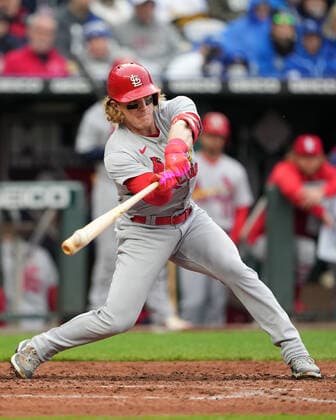 May 04, 2022: St. Louis Cardinals center fielder Harrison Bader (48) makes contact with a pitch at Kauffman Stadium Kansas City, Missouri. The St Louis Cardinals beat the Kansas City Royals 10-0. CSM. Kansas City United States - ZUMAc04_ 20220504_zaf_c04_012 Copyright: xJonxRobichaudx