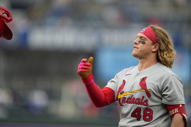 May 04, 2022: St. Louis Cardinals center fielder Harrison Bader (48) expresses frustration with being called out at first base at Kauffman Stadium Kansas City, Missouri. The St Louis Cardinals beat the Kansas City Royals 10-0. CSM. Kansas City United States - ZUMAc04_ 20220504_zaf_c04_013 Copyright: xJonxRobichaudx