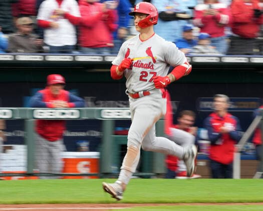 May 04, 2022: St. Louis Cardinals left fielder Tyler O Neill (27) scores a run at Kauffman Stadium Kansas City, Missouri. The St Louis Cardinals beat the Kansas City Royals 10-0. CSM. Kansas City United States - ZUMAc04_ 20220504_zaf_c04_016 Copyright: xJonxRobichaudx