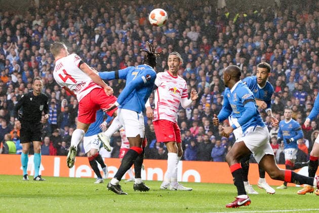 Glasgow Rangers RB Leipzig 05 05 2022 Glasgow, 05 05 2022, Ibrox Stadium, Football, 2021 2022 season, Europa League, Semi final, Glasgow Rangers RB Leipzig , In picture header chance Willi Orban 4, RB Leipzig UEFA regulations prohibit any use of photographs as image sequences and or quasi video